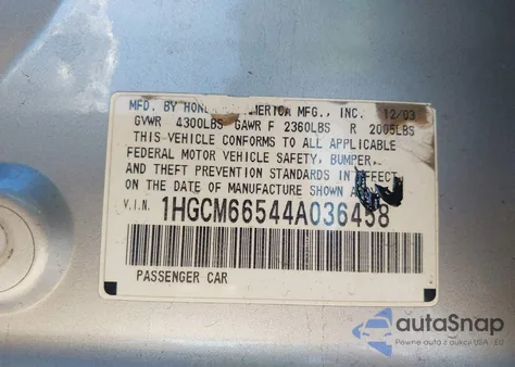 2004 Honda Accord 3.0 Ex from USA, damaged, VIN 1HGCM66544A036458